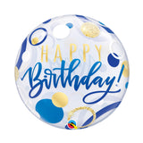 Globo burbuja transparente azul y dorado happy birthday 22" (55 cm) Qualatex