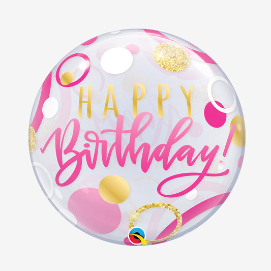 Globo burbuja transparente rosa y dorado happy birthday 22" (55 cm) Qualatex