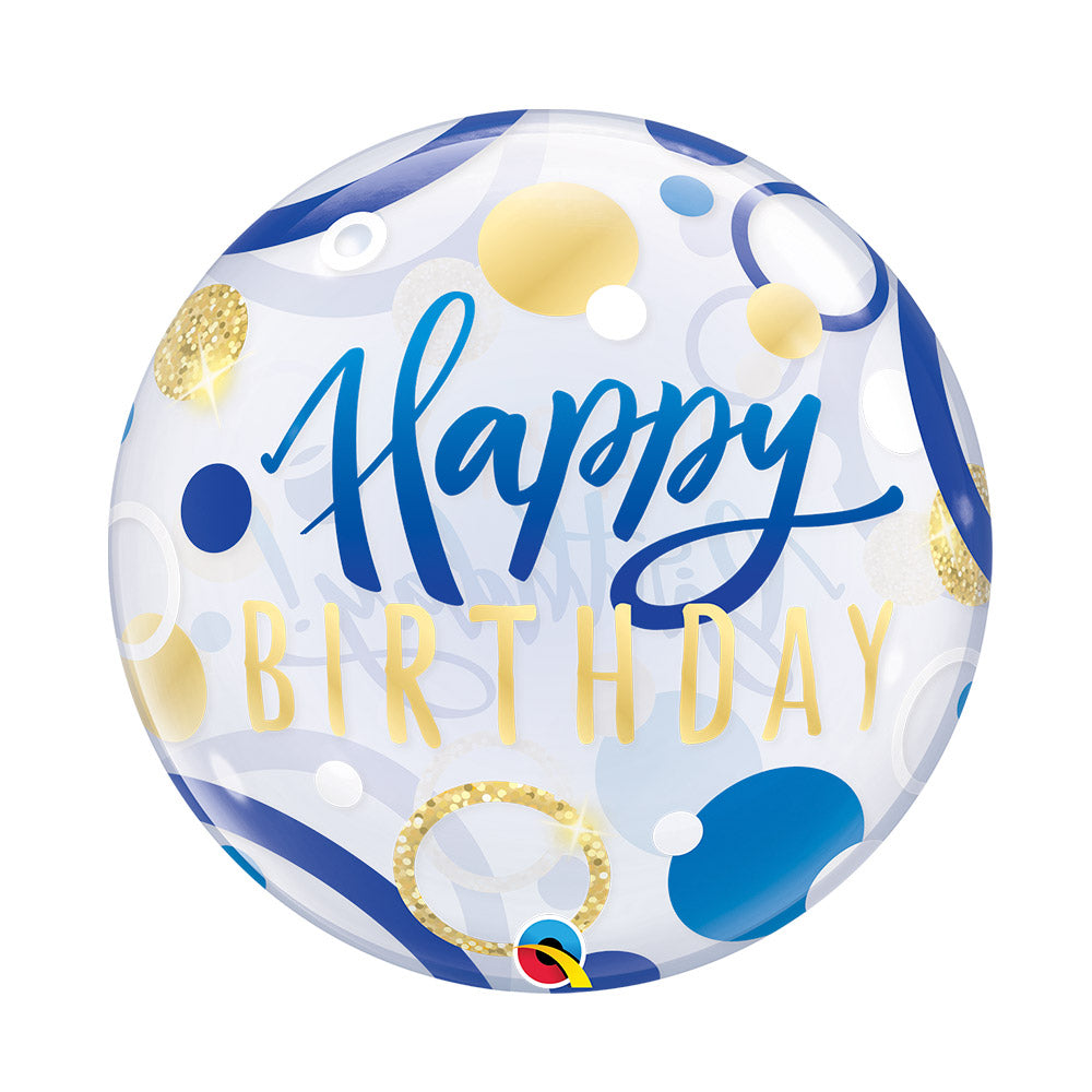 Globo burbuja transparente azul y dorado happy birthday 22" (55 cm) Qualatex