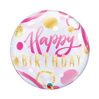 Globo burbuja transparente rosa y dorado happy birthday 22" (55 cm) Qualatex