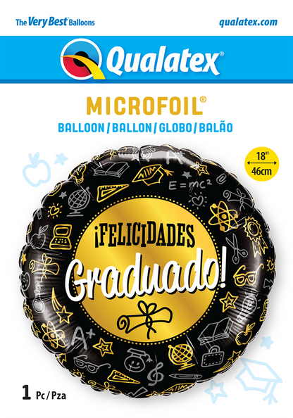 Globo metalizado redondo negro felicidades graduado 18" Qualatex