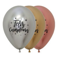 Globo Reflex Surtido Impreso Feliz Cumpleaños R12 x12 unidades plata, dorado, dorado rosa