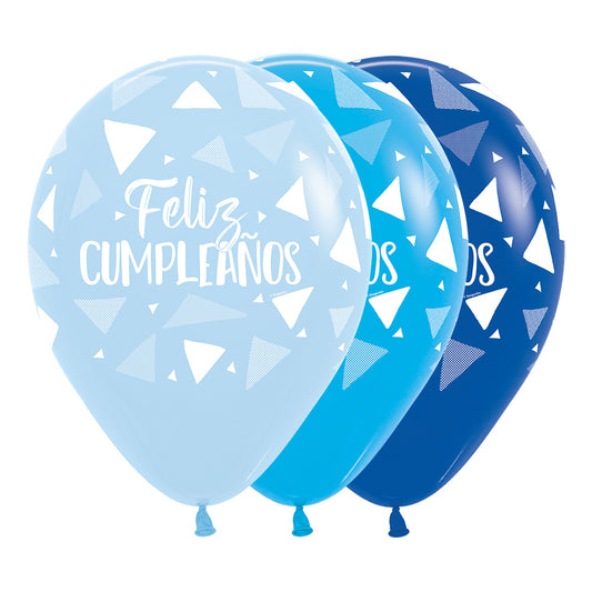 Globo Impreso Infinity Surtido Azules Feliz Cumpleaños Triangulos R12 x3 unidades Sempertex