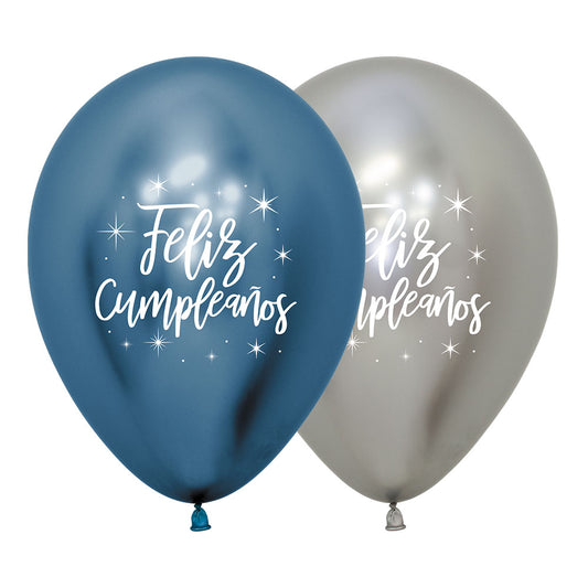 Globo Impreso 2 Caras Reflex Azul y Plata Feliz Cumpleaños Radiante R12 x2 unidades Sempertex