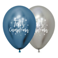 Globo Impreso 2 Caras Reflex Azul y Plata Feliz Cumpleaños Radiante R12 x2 unidades Sempertex