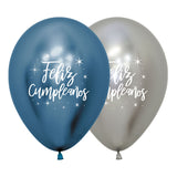 Globo Impreso 2 Caras Reflex Azul y Plata Feliz Cumpleaños Radiante R12 x50 unidades Sempertex