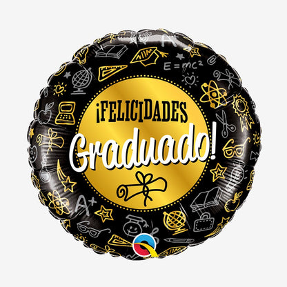 Globo metalizado redondo negro felicidades graduado 18" Qualatex